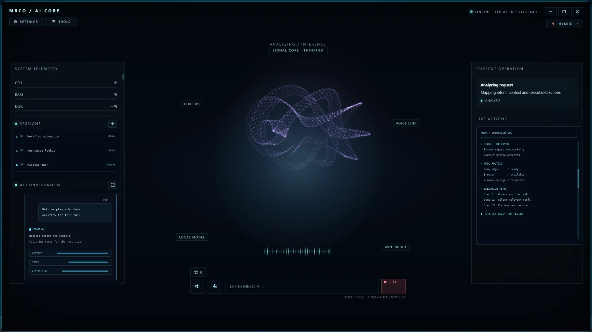 MRCO AI desktop application interface showing system telemetry, AI conversation, model status and live operation log